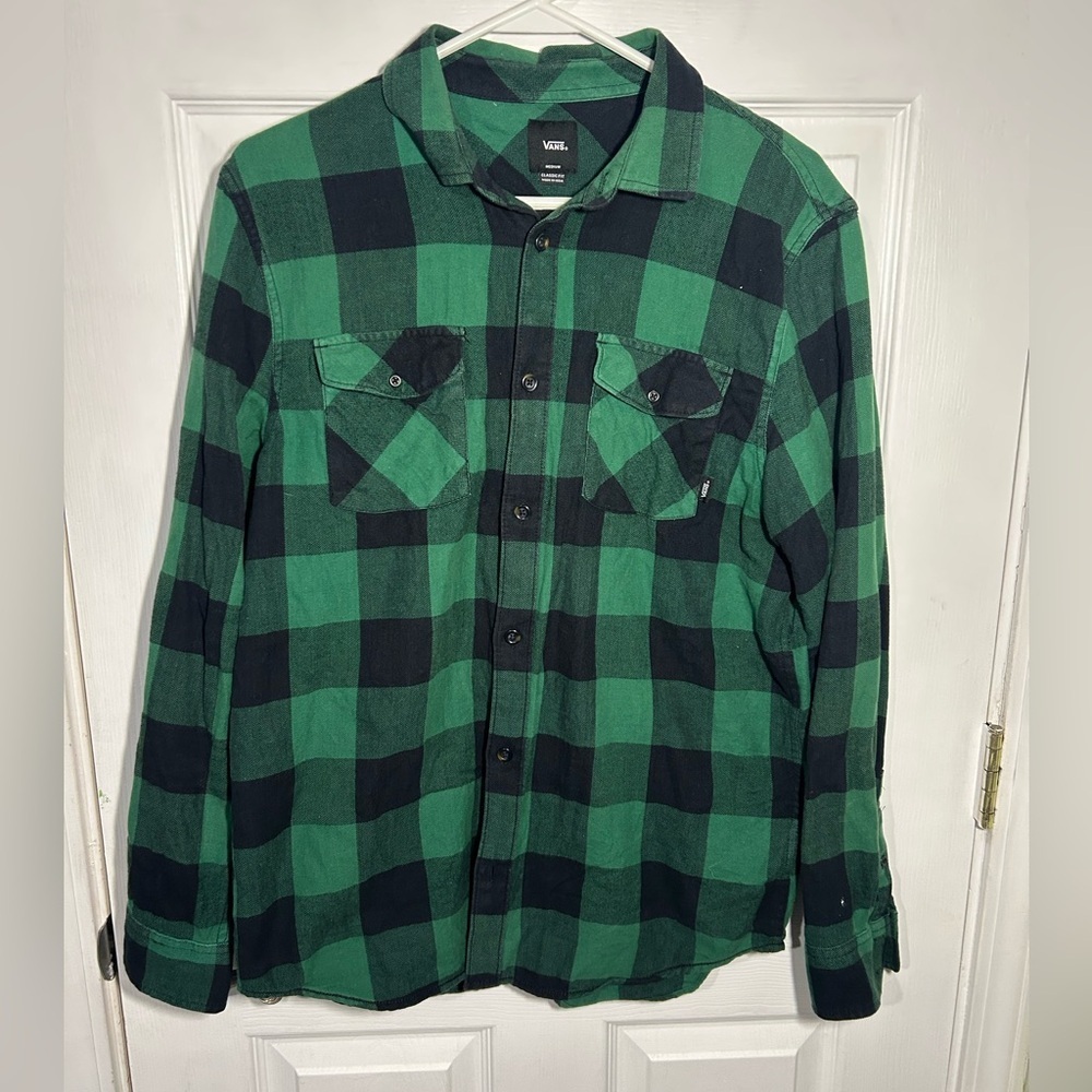 Vans Men's Green Black Checked Plaid Flannel Button Up Size Medium - Picture 1 of 10